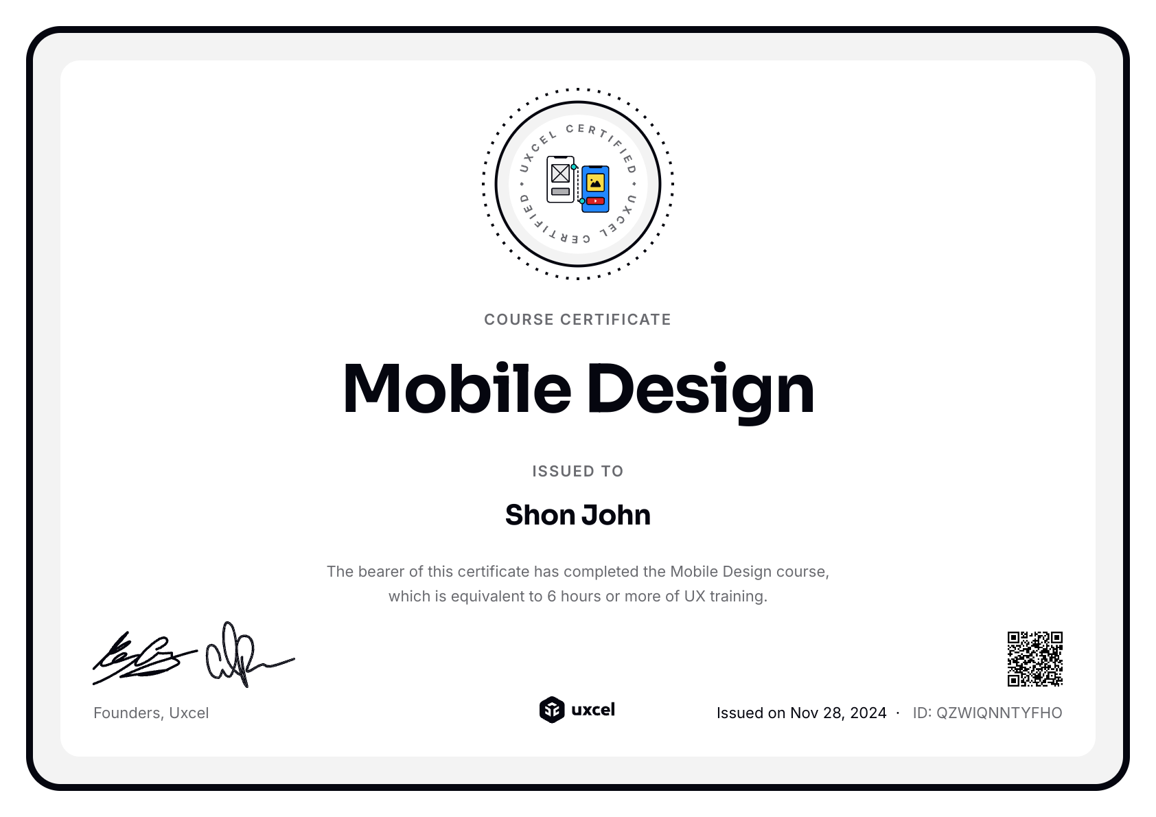 Shon John's certificate